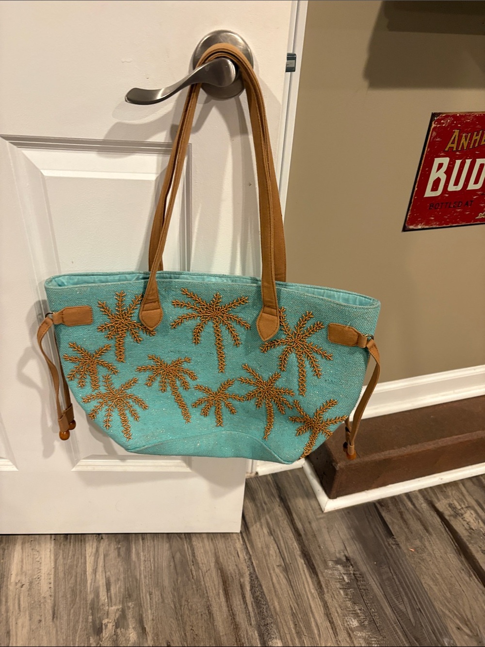 American Apparel Turquoise Tote with Tan Palm Embroidery